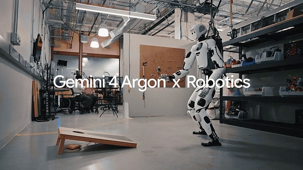 Google’s official demonstration of Apptronik’s Apollo humanoid throwing cornhole beanbags after Gemini 4 Argon builds a simulation from human video. The reported seven consecutive successful throws are Google’s internal result.
