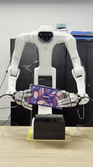 One official real-robot tissue-box trial after GR00T N1.7 simulation pretraining on 200 expert rollouts and adaptation on 10 real replays. The reported comparison is one task with five trials per condition; this clip shows one successful trial.
