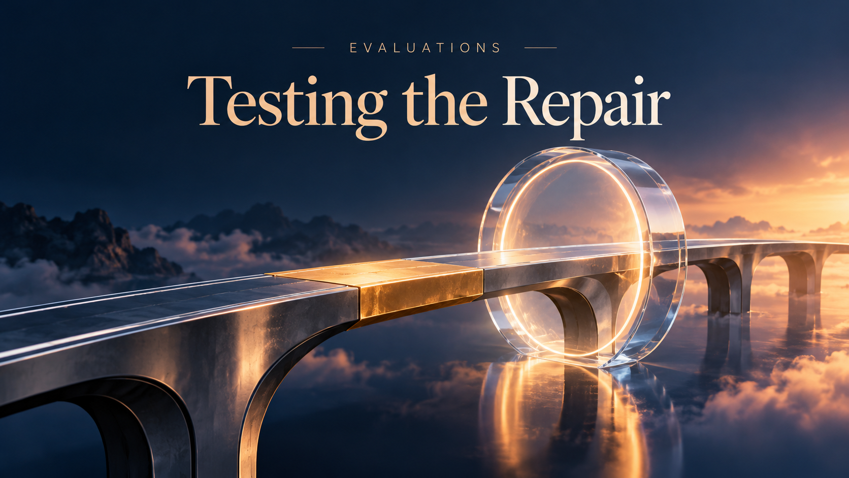 A repaired bridge segment passes through a glass testing gate, symbolizing verification of software repairs.