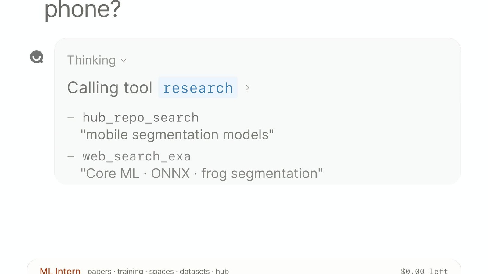 ML Intern prompt and experiment instructions shown in the original Hugging Face demonstration