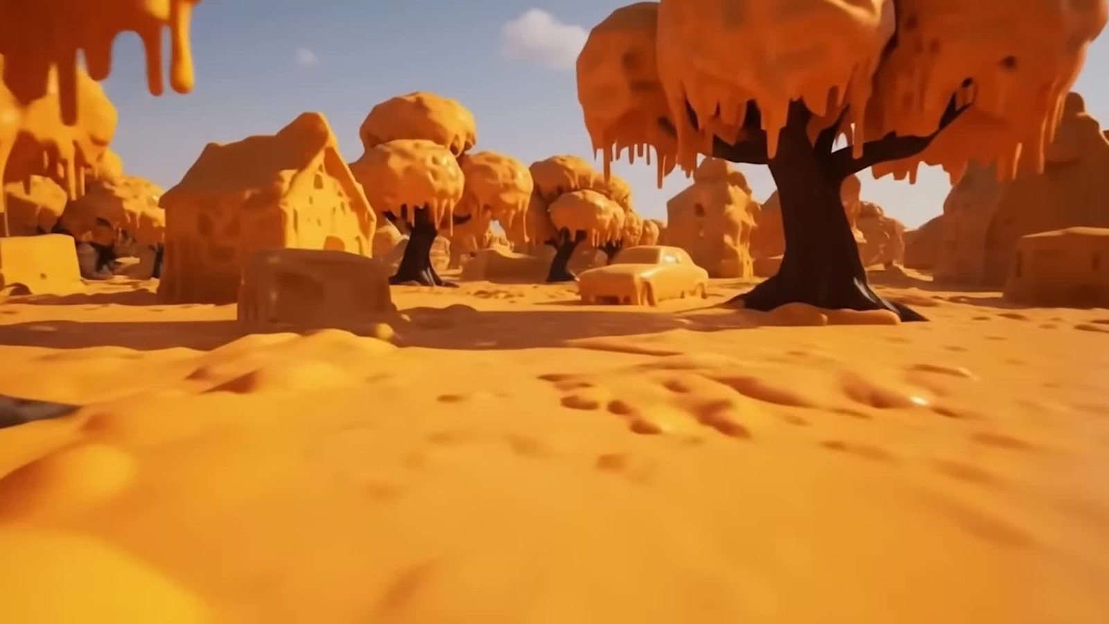 An orange, stylised world generated by Genie 3, shown in Google DeepMind’s official demonstration.